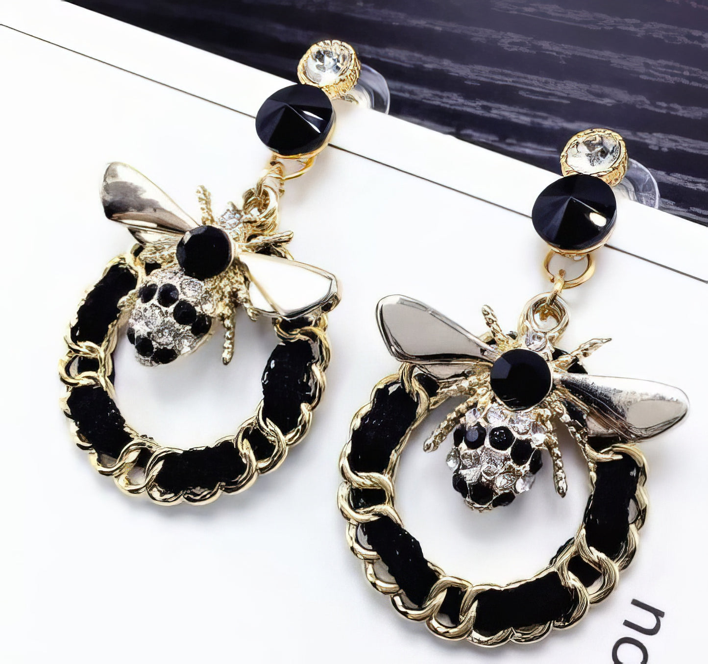 Woven Black Rhinestone Bee Earrings in Black and Gold