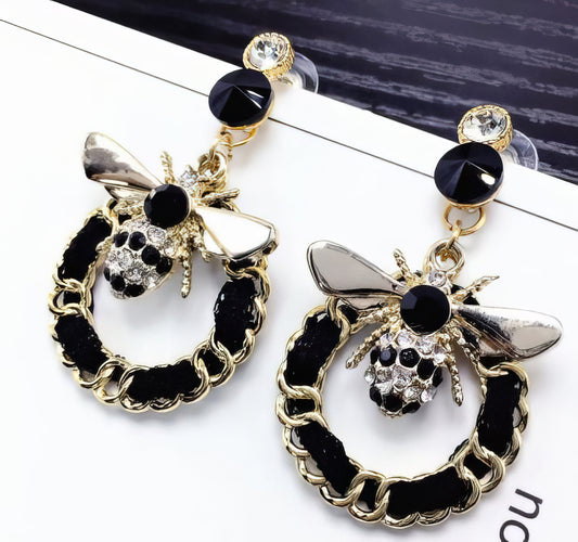 Woven Black Rhinestone Bee Earrings in Black and Gold