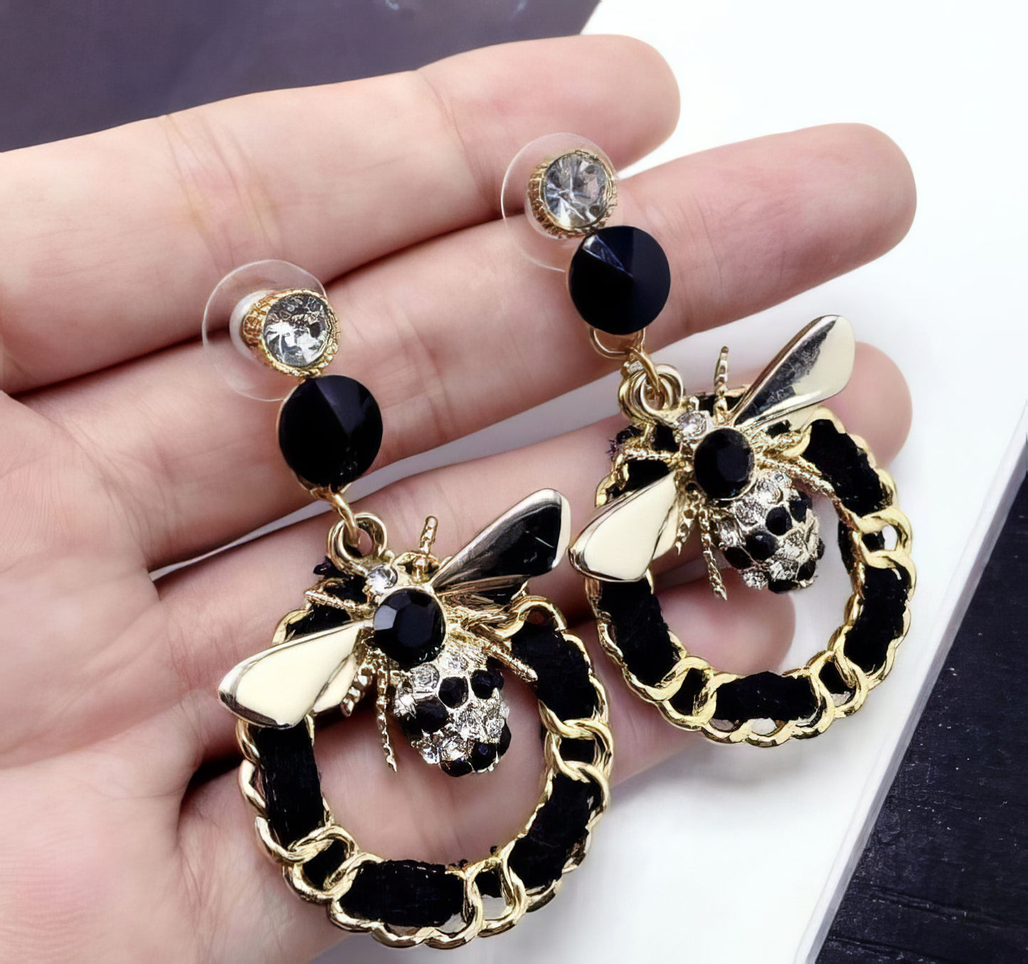 Woven Black Rhinestone Bee Earrings in Black and Gold