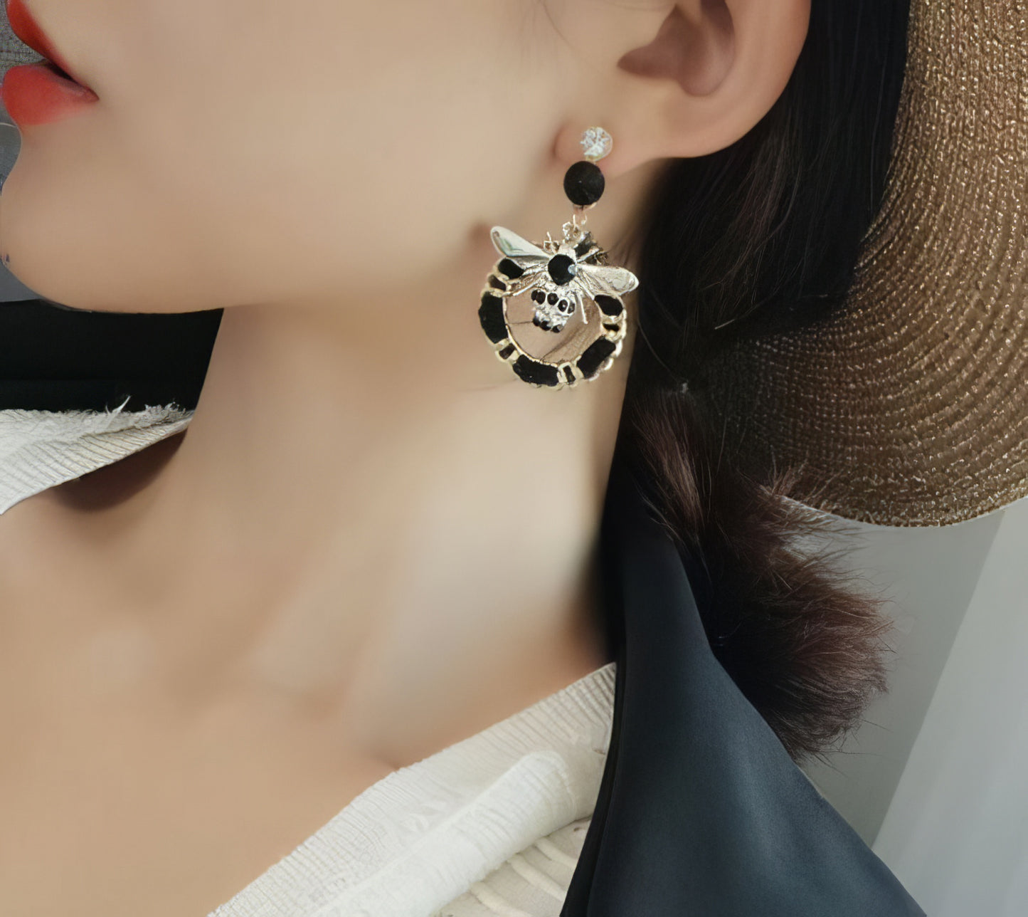 Woven Black Rhinestone Bee Earrings in Black and Gold