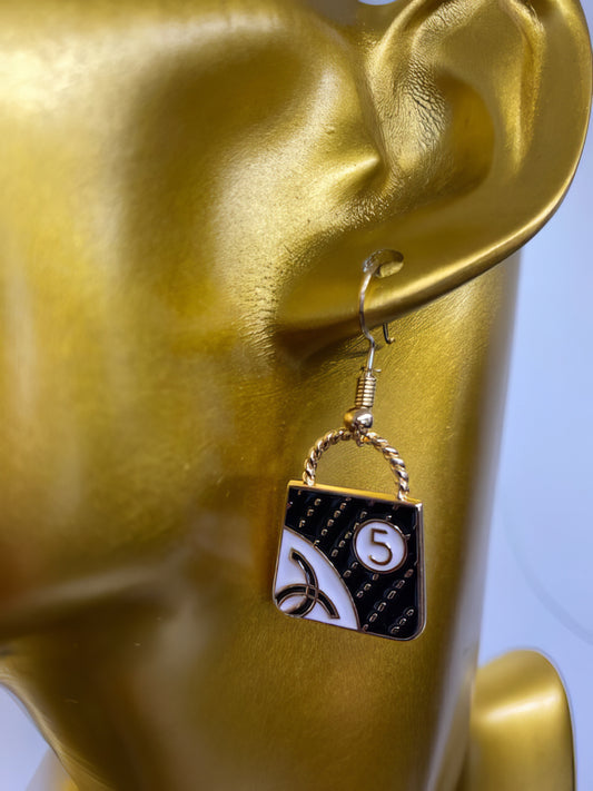 Little Purse Dangle Earrings in Black White and Gold