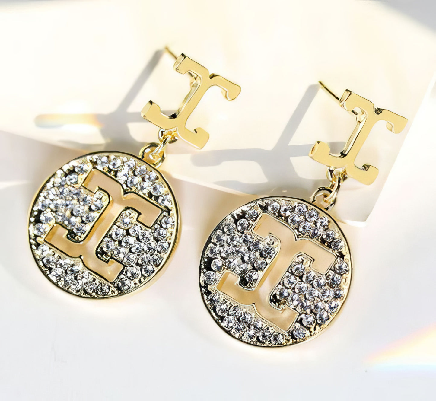 Designer Inspired Round Crystal Dangle Earrings in Gold