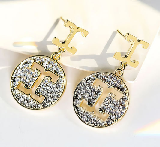 Designer Inspired Round Crystal Dangle Earrings in Gold