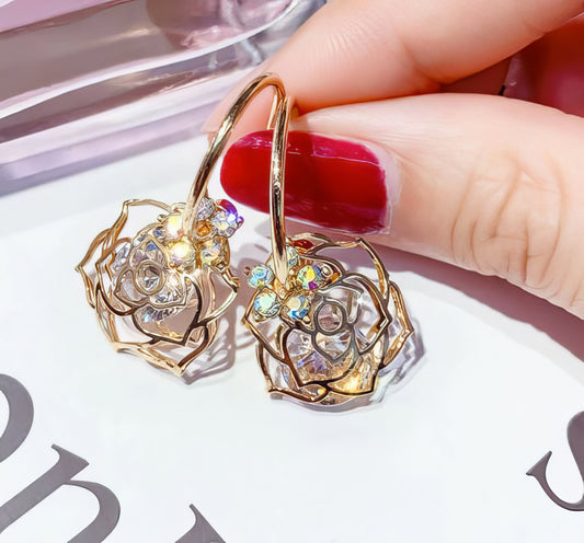 Rhinestone Flower Camellia Earrings in Gold