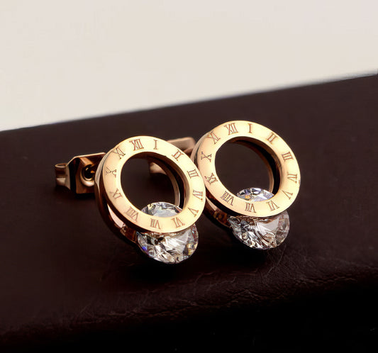 Trendy Roman Numeral Stainless CZ Steel Stud Earrings in Rose Gold