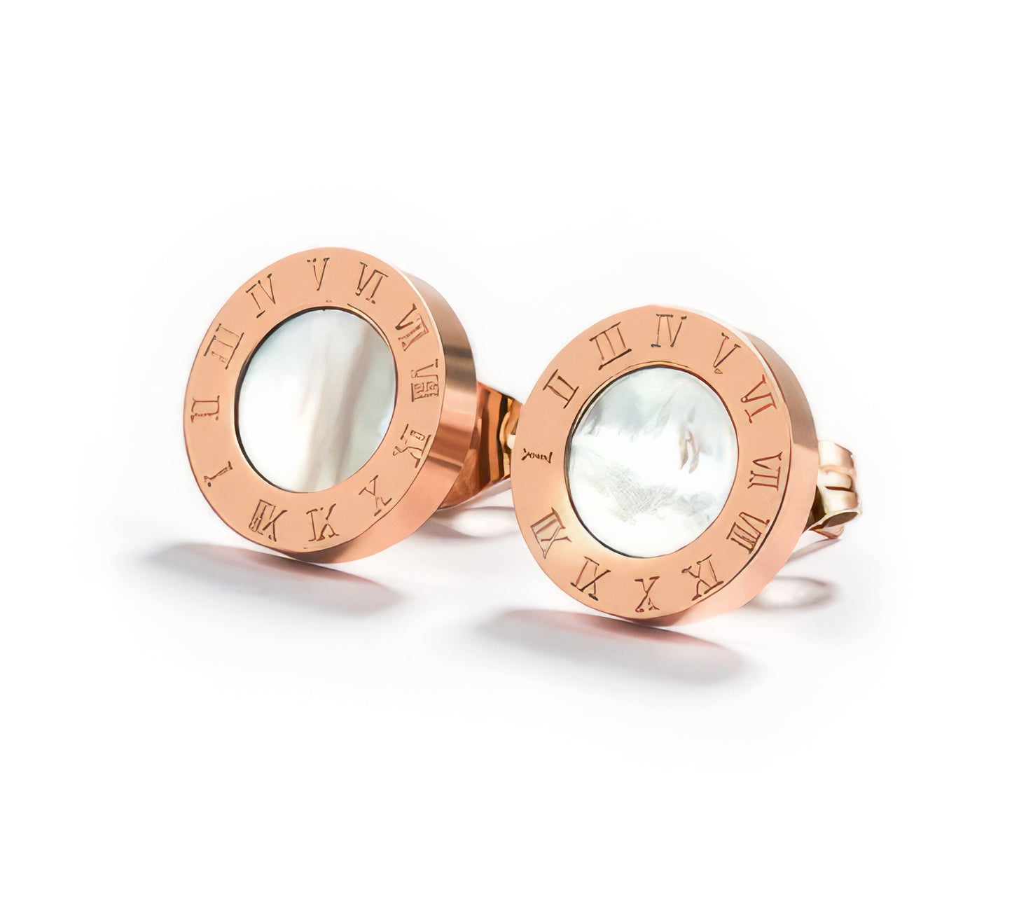 Trendy Roman Numeral Stainless CZ Steel Stud Earrings in Rose Gold