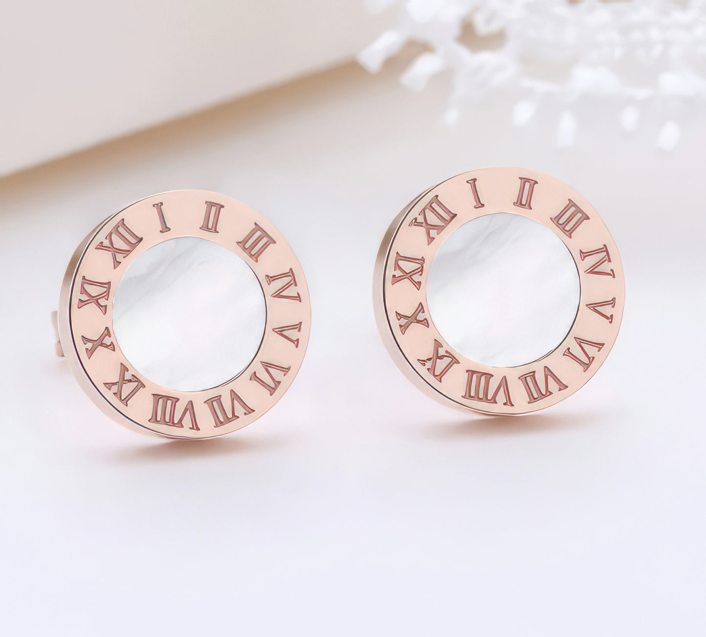 Trendy Roman Numeral Stainless CZ Steel Stud Earrings in Rose Gold