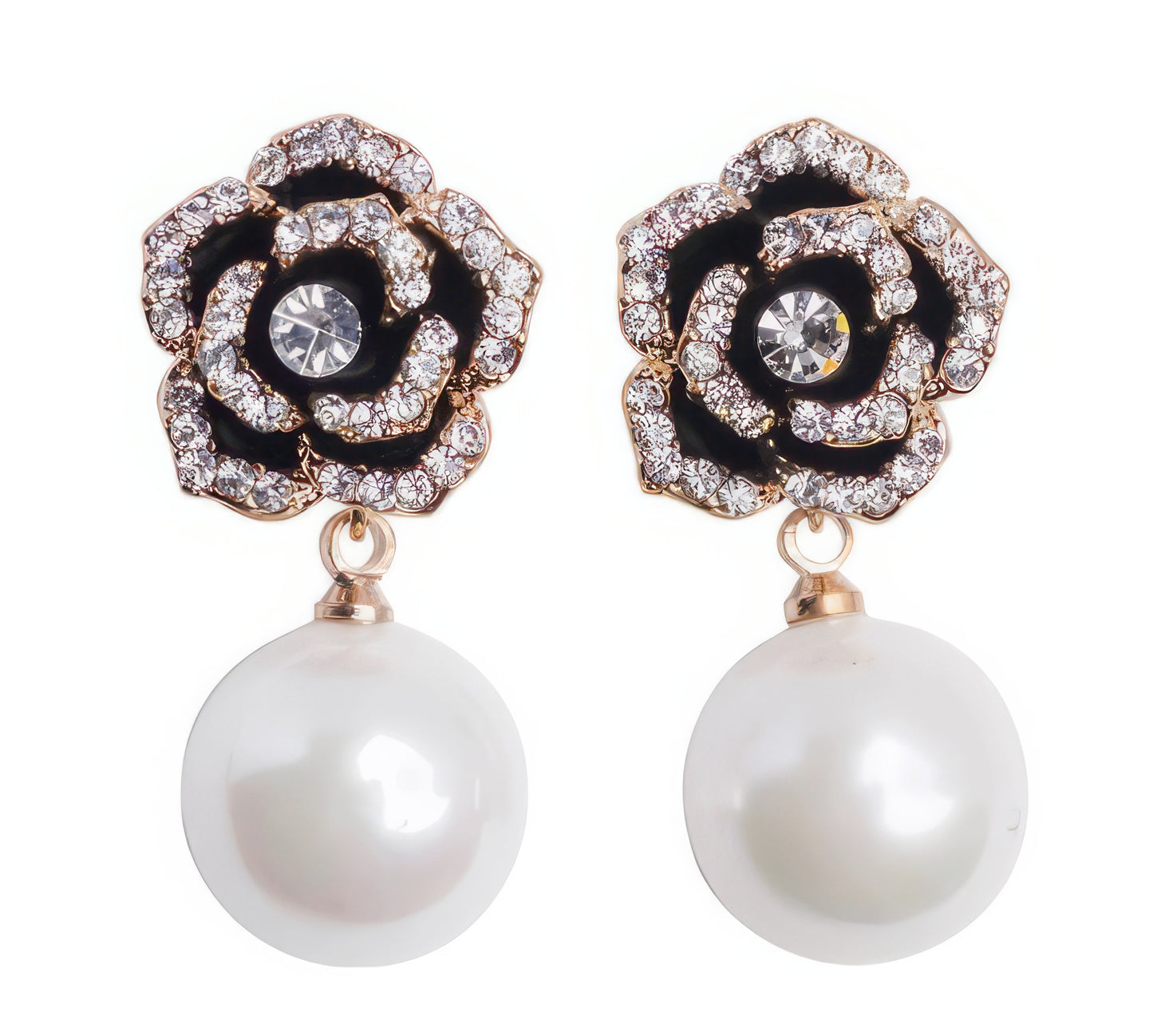 Pearl Pendant Camellia Earrings in RoseGold and Black