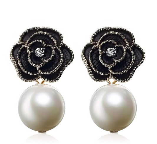 Pearl Pendant Camellia Earrings in Silver and Black