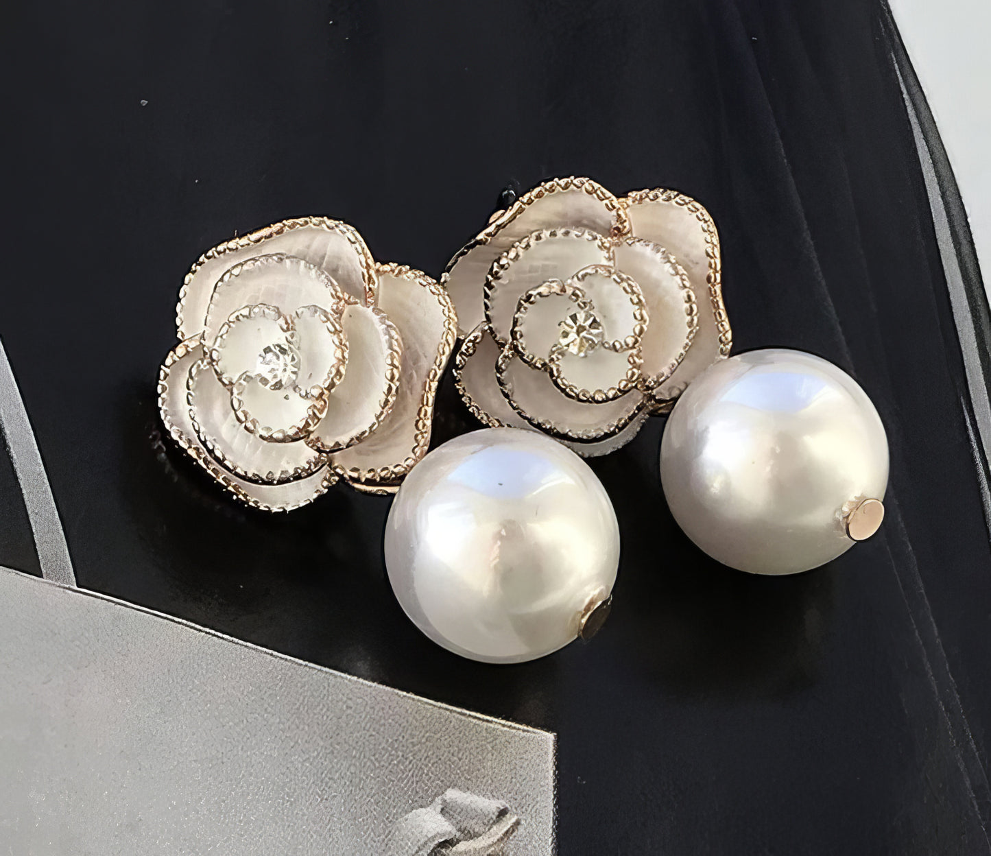 Pearl Pendant Camellia Earrings in Gold and White