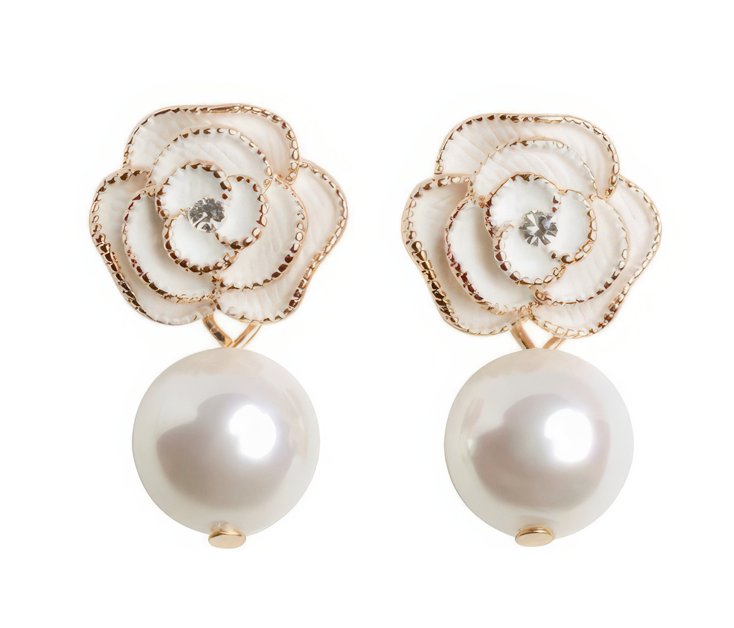 Pearl Pendant Camellia Earrings in Gold and White