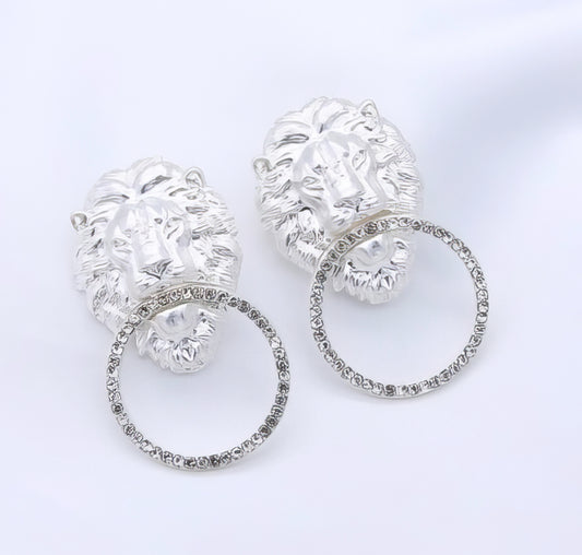 Lion Head Mouth Holding Circle Rhinestone Drop Earrings in Silver