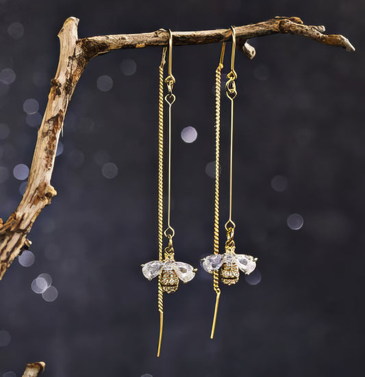 Long Pin Bee Crystal Wing Drop Earrings in Gold