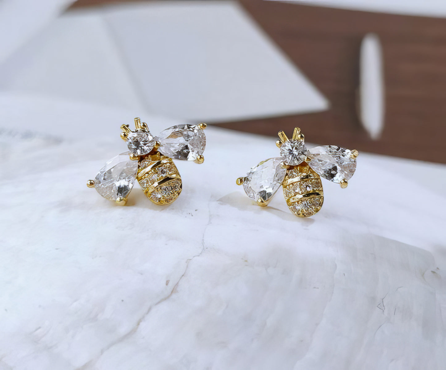 Bee Rhinestone Winged Stud Earrings in Gold