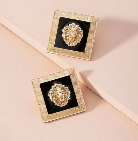 Inspired Lion Head Stud Earrings in Gold