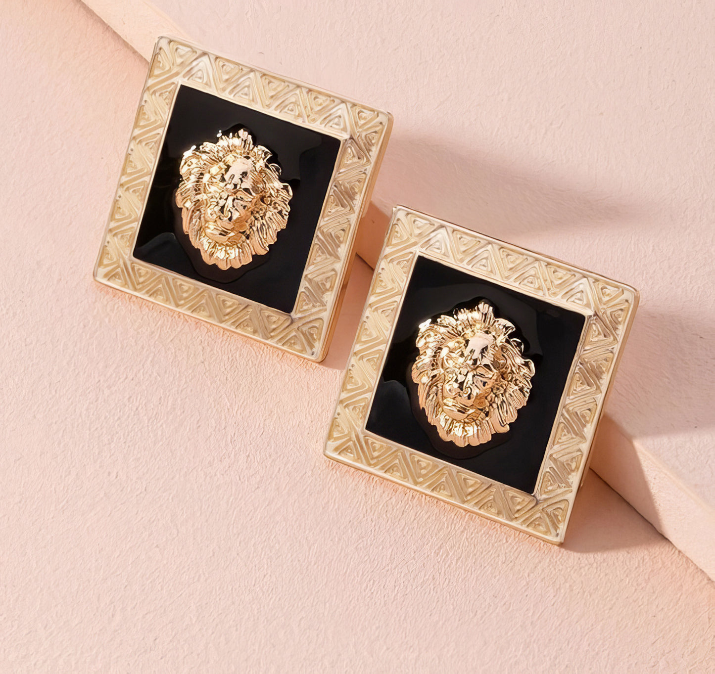 Inspired Lion Head Stud Earrings in Gold