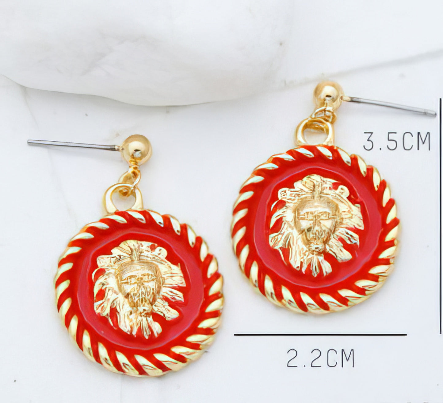 Lion Head Designer Inspired Drop Earring in gold and Red