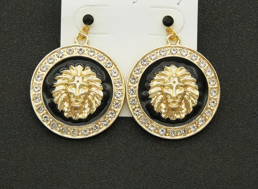 Lions Head Designer Inspired Rhinestone Drop Earrings in Gold and Black