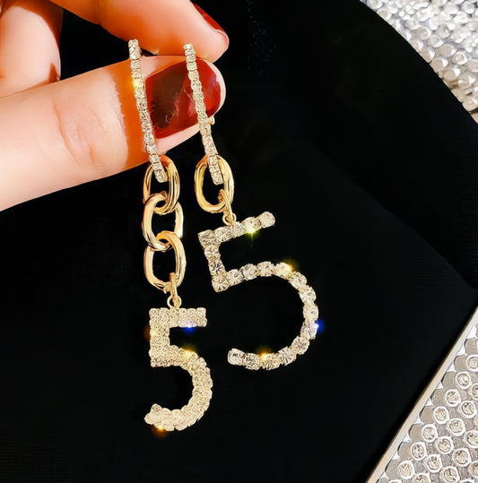 Trendy Asymetrical No 5 Rhinestone Drop Chain Earrings in Gold