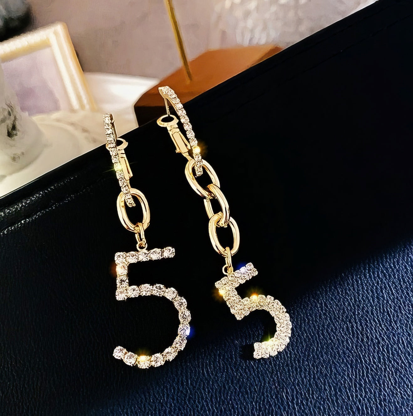 Trendy Asymetrical No 5 Rhinestone Drop Chain Earrings in Gold