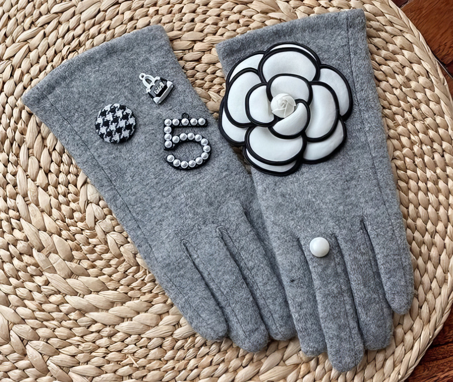 Camellia Inspired Designer No5 Luxury Gloves in Grey