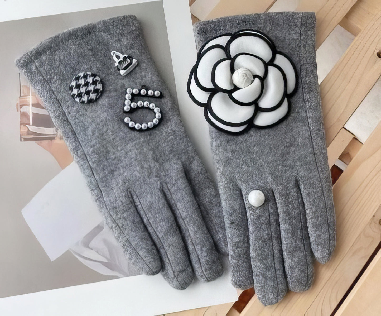 Camellia Inspired Designer No5 Luxury Gloves in Grey