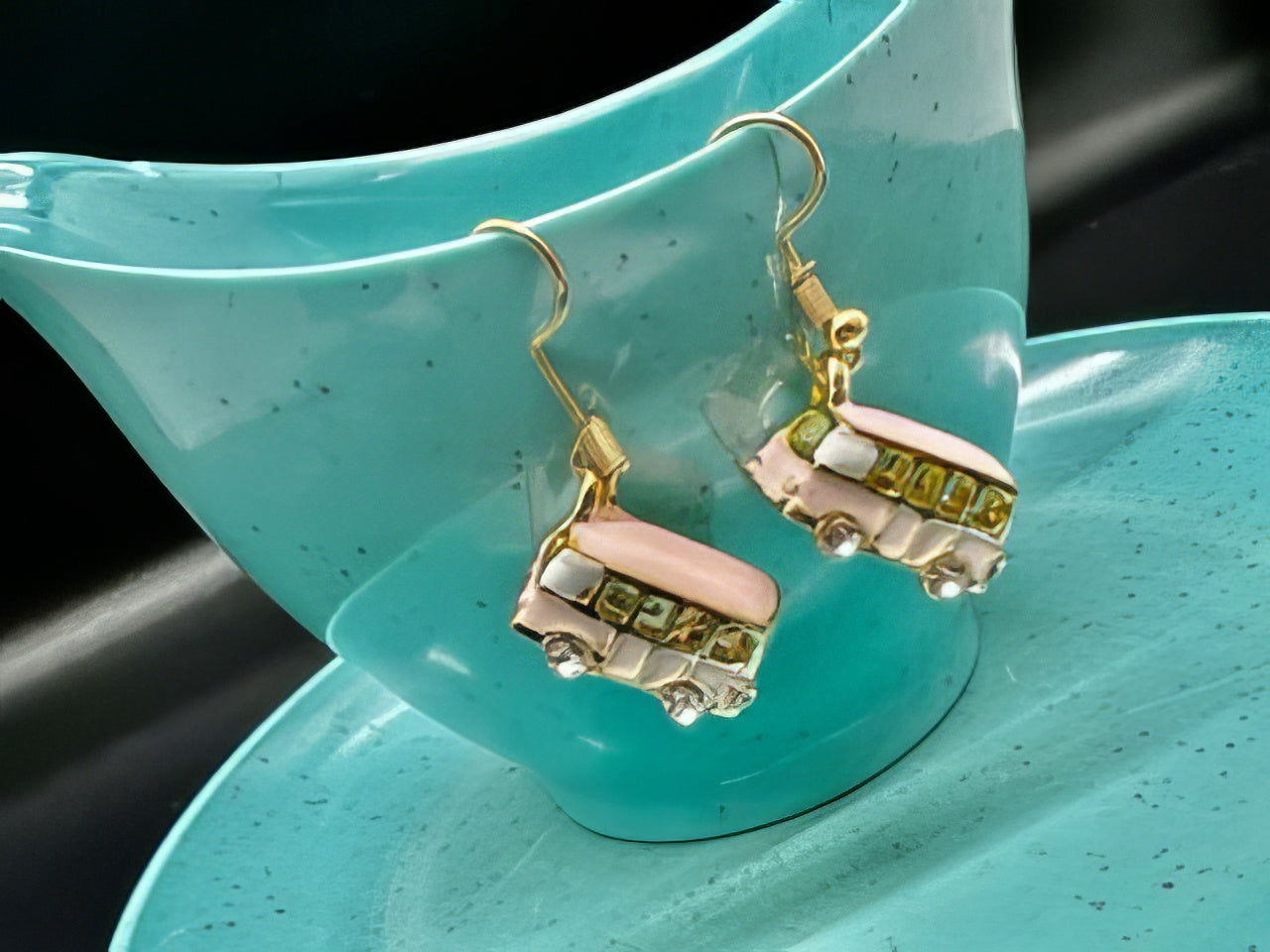 Little Magic Bus Pendant Rhinestone Charm Earrings in Pink