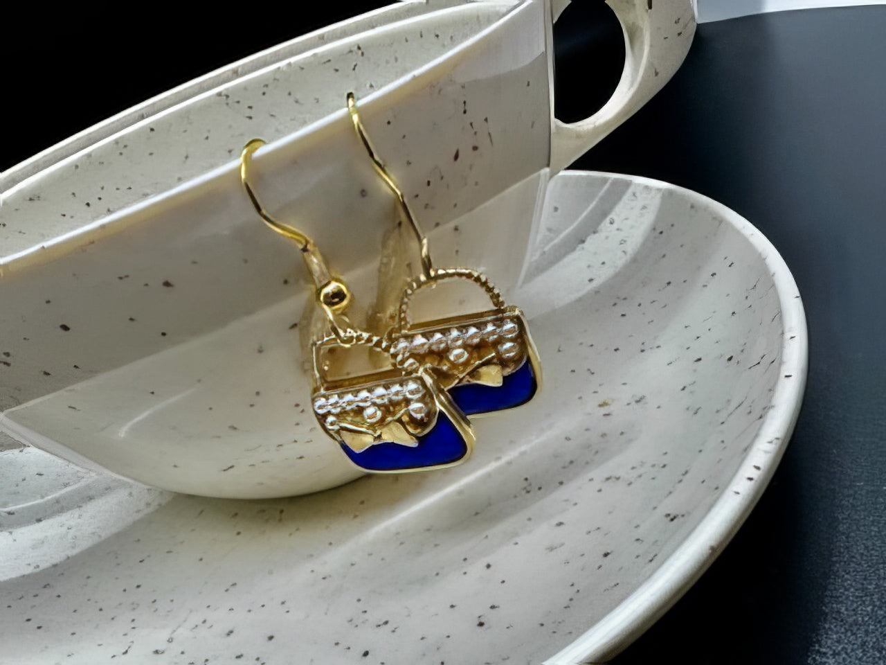Pearl Lady Bag Metal Charm Pendant Earrings in Blue and Gold