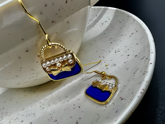 Pearl Lady Bag Metal Charm Pendant Earrings in Blue and Gold