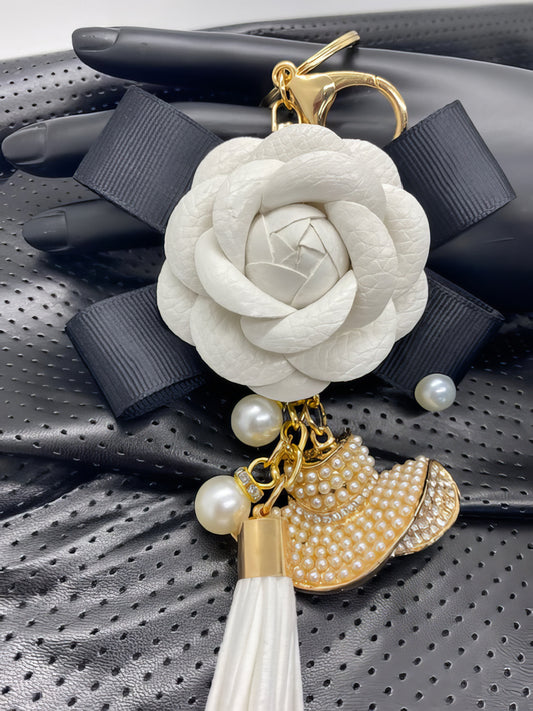 Leather Camellia Tassel Bow Pearl Pendant KeyRing