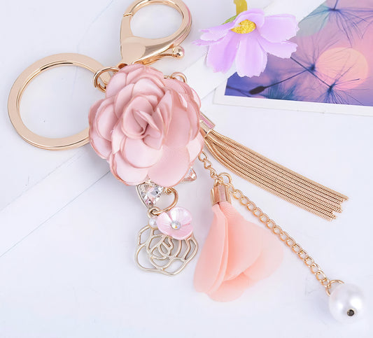 Rose Flower Chiffon Charm Keychain in Pink and Gold