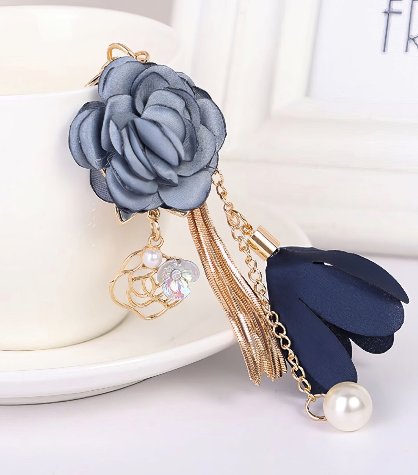 Rose Flower Chiffon Charm Keychain in Blue and Gold