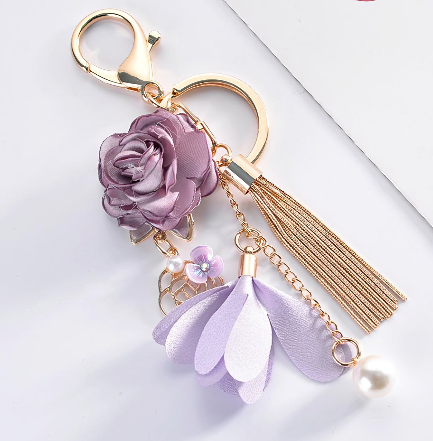 Rose Flower Chiffon Charm Keychain in Purple and Gold