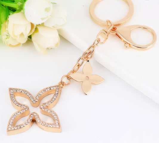 Rhinestone Crystal Clover KeyChain in Gold