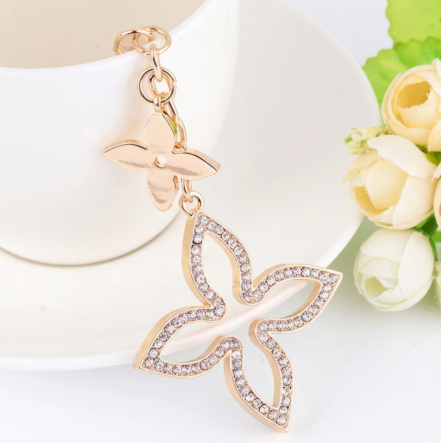 Rhinestone Crystal Clover KeyChain in Gold