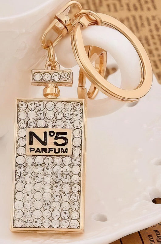 Rhinestone Crystal Tall Perfume Bottle Keychain in Gold