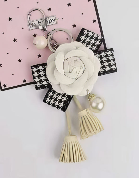 Leather Camellia Tassel Bow Pearl Pendant KeyRing