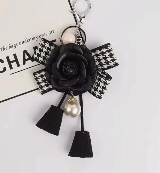 Leather Camellia Tassel Bow Pearl Pendant KeyRing