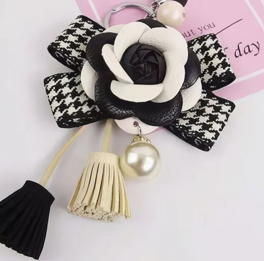 Leather Camellia Tassel Bow Pearl Pendant KeyRing