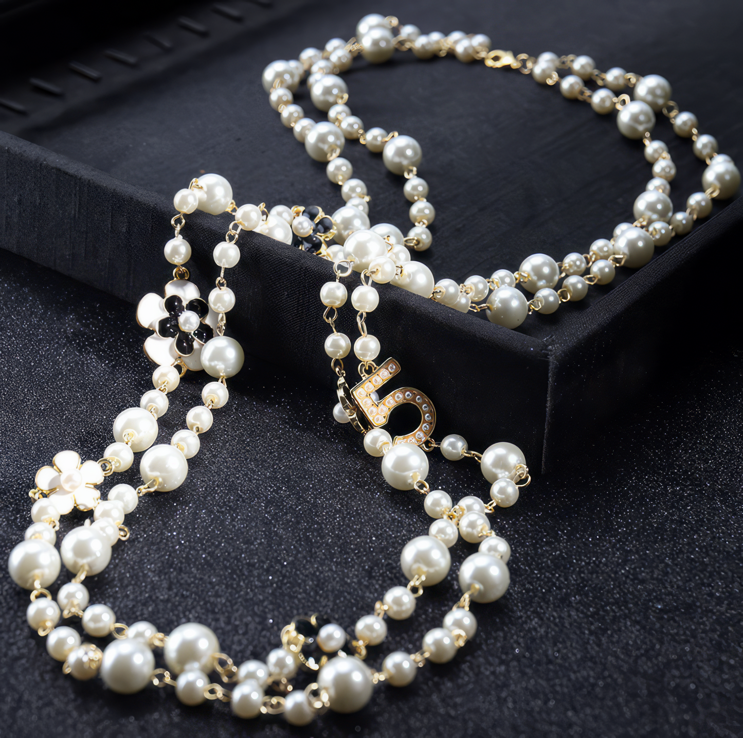 Long Pendant Layered Pearl Letter No 5 Flower Party Necklace in White Black and Gold