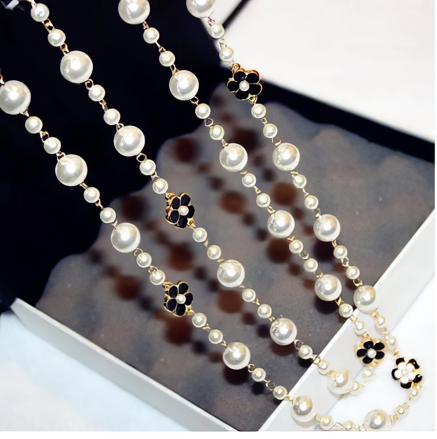 Long Sweater Chain Pearl Camellia Pendant Double Strand Necklace in White Gold and Black