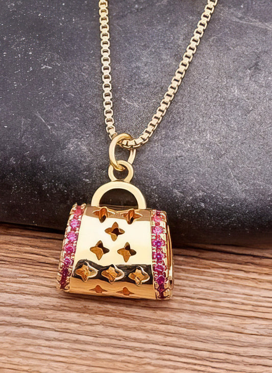 Retro Crystal Clover Bag  Pendant Necklace in Pink and Gold