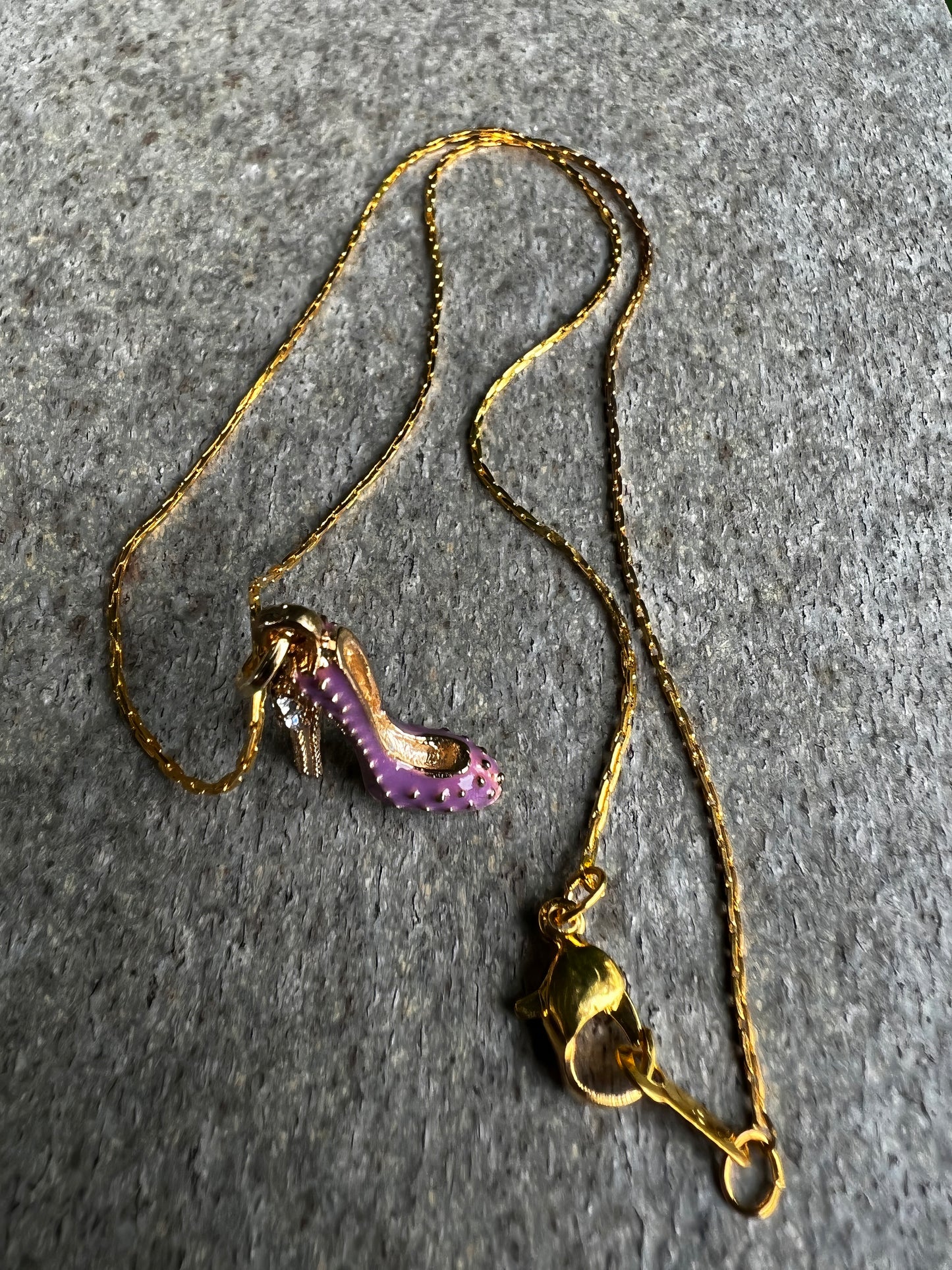 High Heel Shoe Charm Pendant Necklaces in Purple and Gold