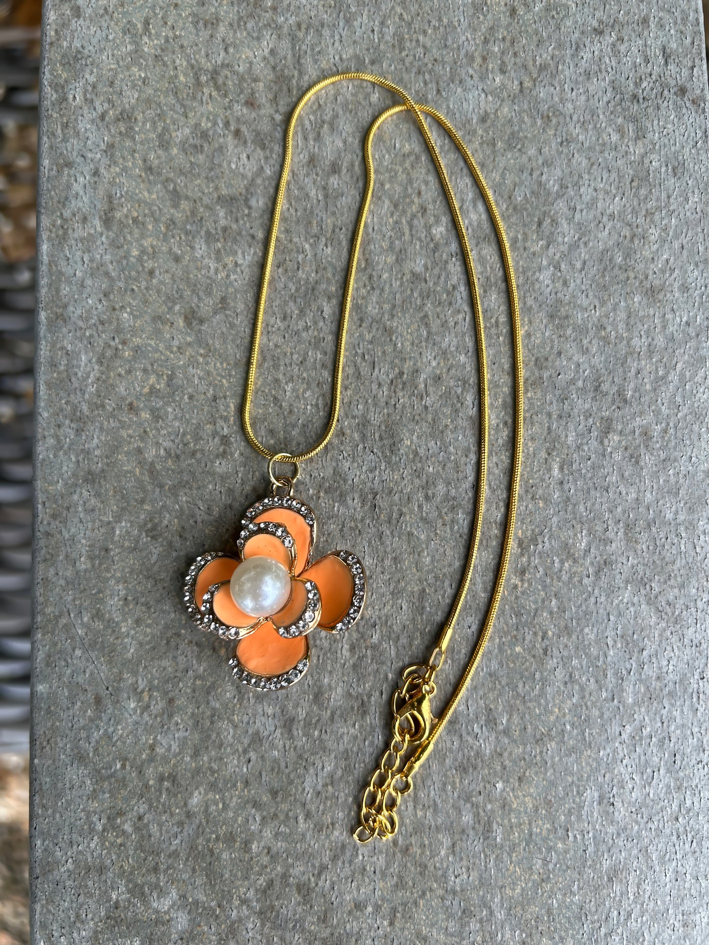 Camellia Pearl Pendant Necklace in Peach and Gold