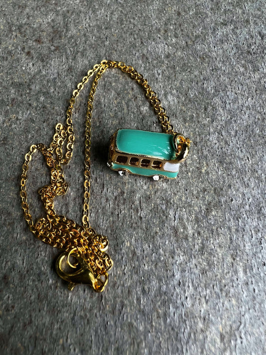 Little Magic Bus Pendant Rhinestone Charm Necklaces in Turquoise