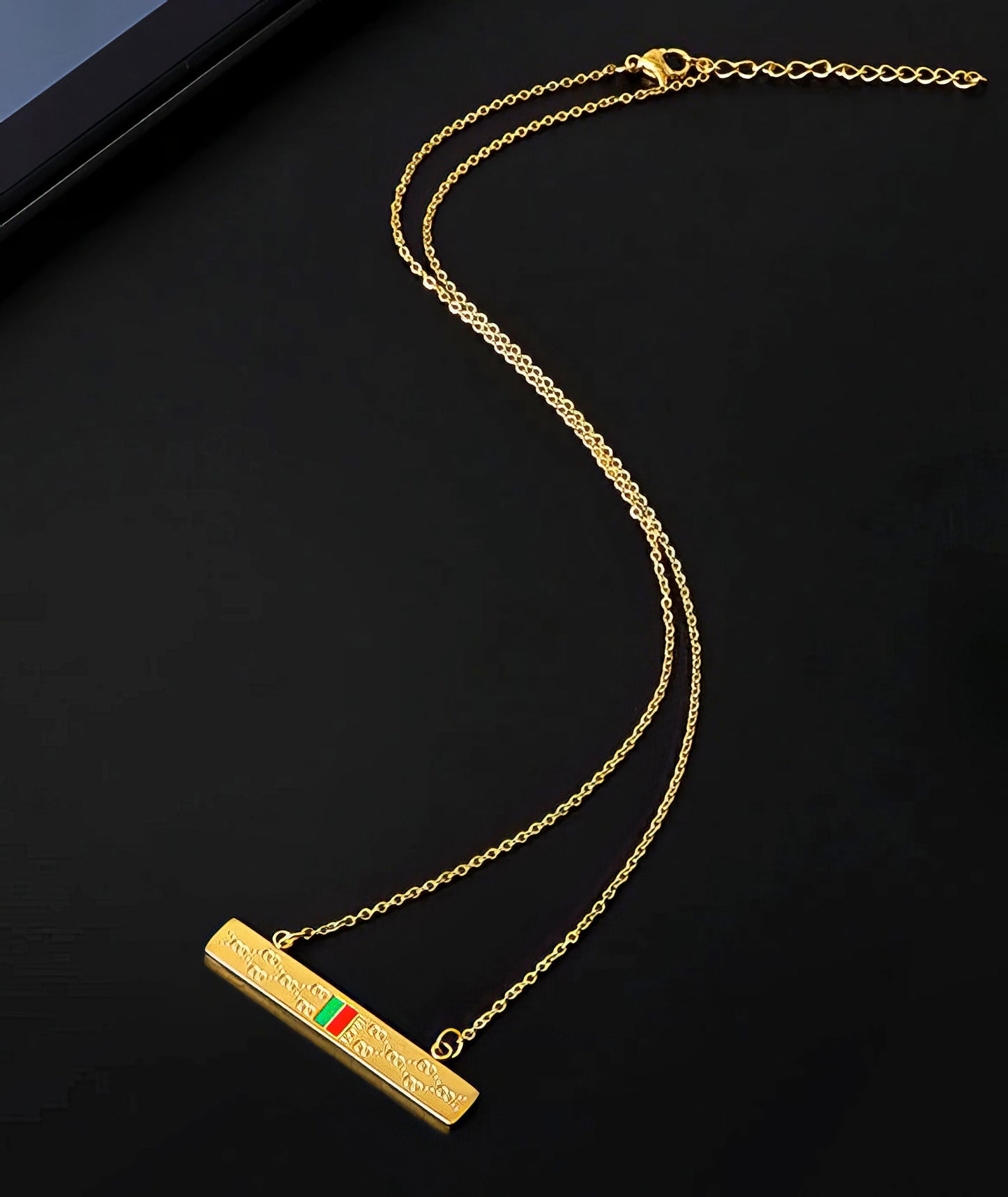 Stainless Steel Red and Green Striped Square Necklace in Gold