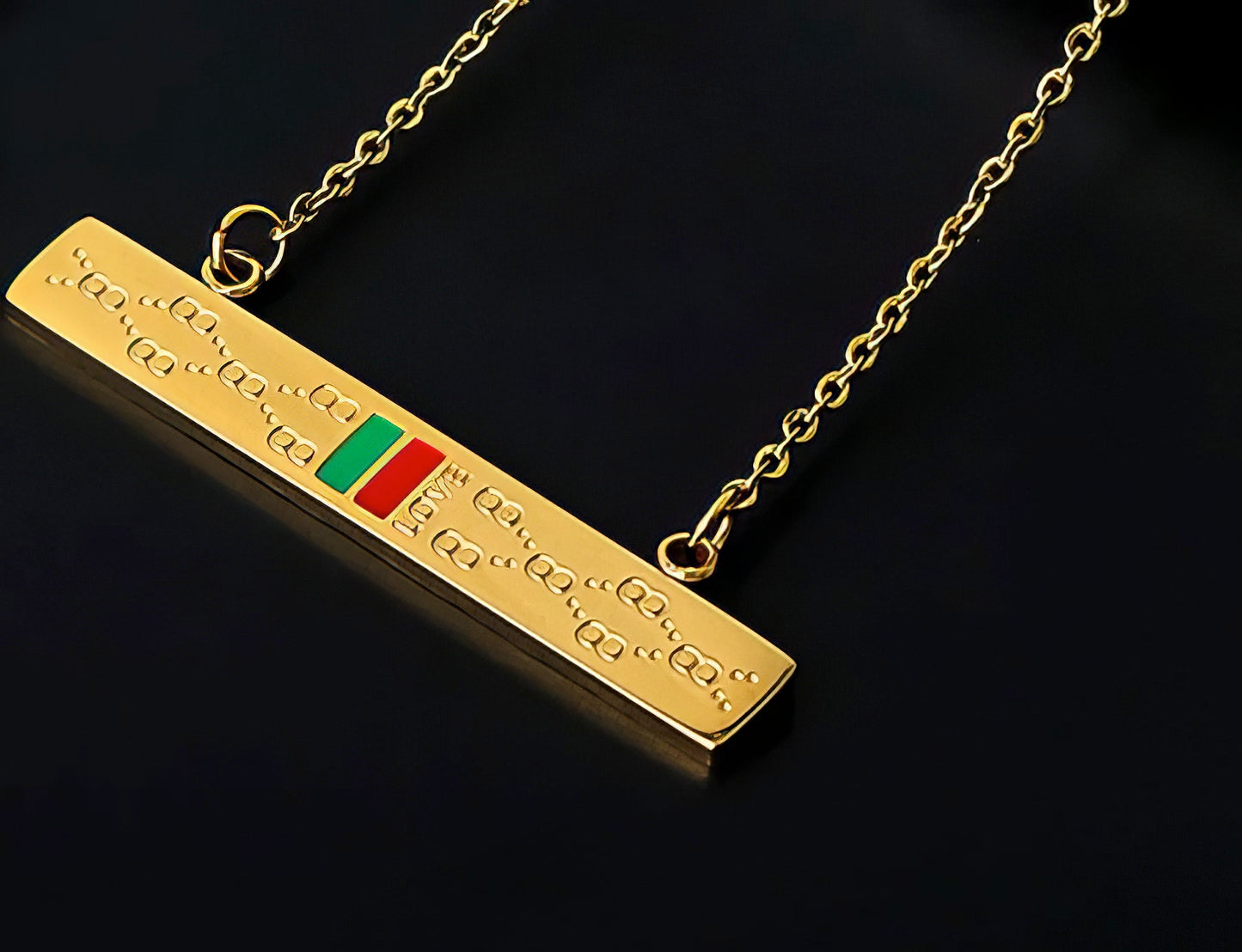 Stainless Steel Red and Green Striped Square Necklace in Gold