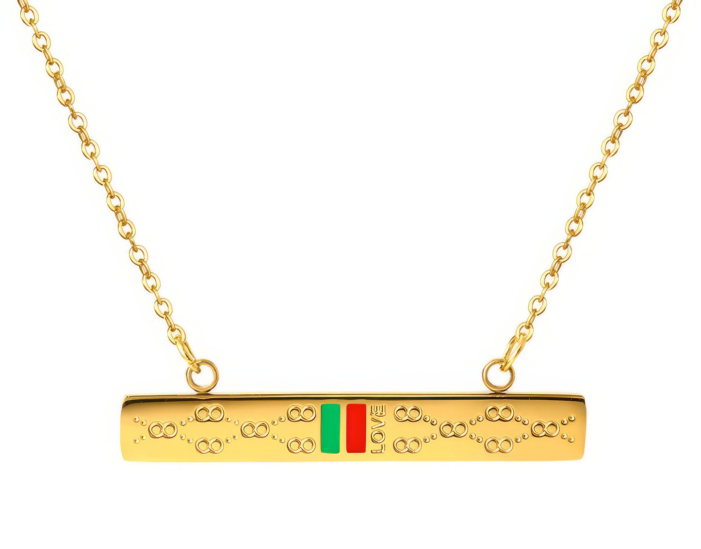 Stainless Steel Red and Green Striped Square Necklace in Gold