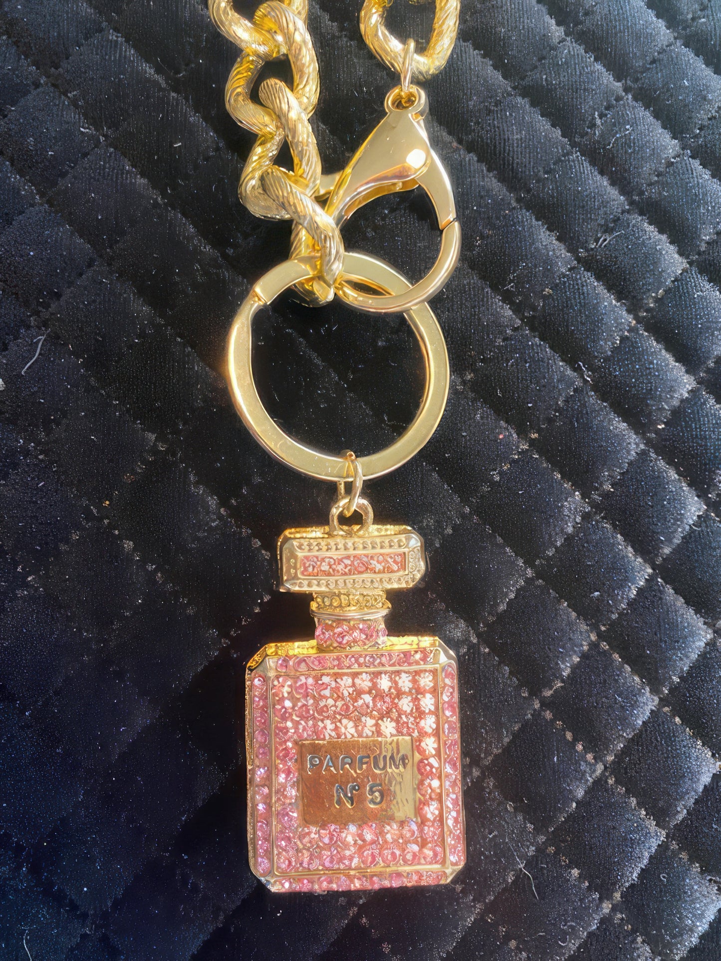 Designer inspired Gold Crystal Parfum Bottle Chain Necklace in Gold and Pink