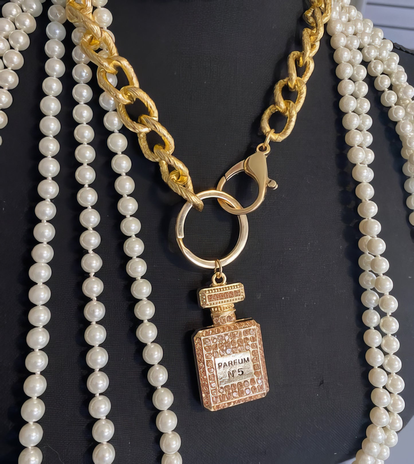 Designer inspired Gold Crystal Parfum Bottle Chain Necklace in Gold and Champagne